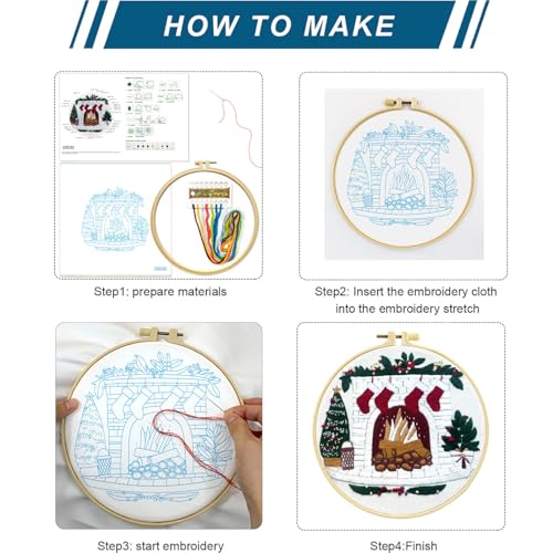 Zhenqing Christmas Embroidery Kit for Beginners - 4 Piece 29x29cm Round Designs with Embroidery Hoop, Threads & Tools (Snowy Cabin, Fireplace, Candy Cane, Holly)(C0066)