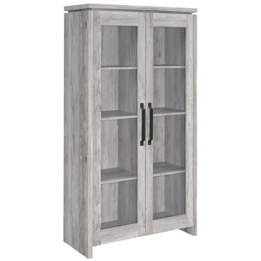 BOWERY HILL Traditional Glass Front 2 Door Wood Curio Display Cabinet in Grey Driftwood BOWERY HILL