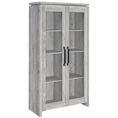 BOWERY HILL Traditional Glass Front 2 Door Wood Curio Display Cabinet in Grey Driftwood