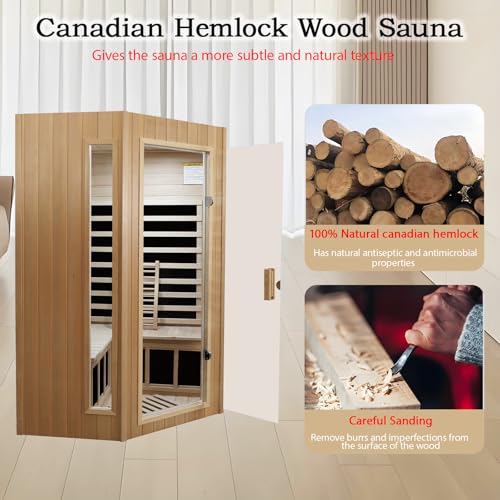 LTCCDSS 2-3 Person Infrared Sauna, Far Infrared Saunas for Home Low EMF Indoor Home Sauna Spa with Tempered Glass Door, Hemlock Wooden Corner Sauna Room,1670W/120V, Bluetooth Speaker, 2 Reading Lamps LTCCDSS