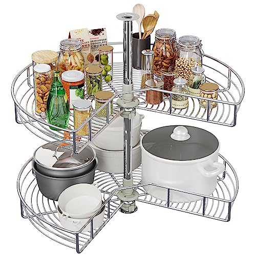 DWVO 28-Inch 2-Tier Lazy Susan Turnable for Cabinet, Rotating 2-Shelf Lazy Susan Corner Organizer with Adjustable Height for Kitchen Pantry, Chrome-Plated Double Spinning Corner Organizer, Silver DWVO