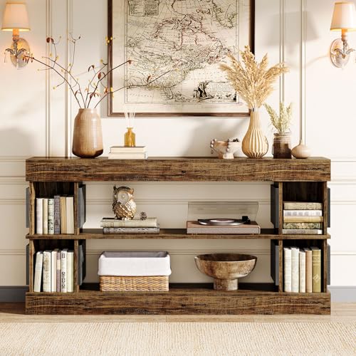 Tribesigns 63" Farmhouse Console Table, 3-Tier Entryway Table with Storage, Long Wooden Behind Couch Stand with 4 Compartments for Living Room, Hallway, Foyer, Vintage Brown & Gray Tribesigns