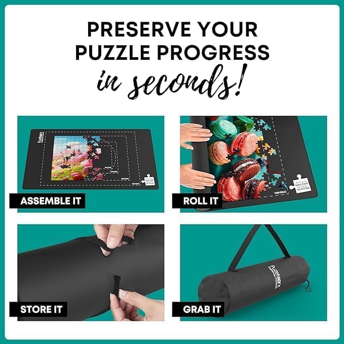 Point Games Rubber Puzzle Mat, Jigsaw Roll Up Mat for Puzzles - Jigsaw Mat 1500 Pieces Protector, Saver, Organizer, Non-Slip Rubber Bottom, Polyester Top w/Storage Bag + Bonus Puzzle Glue Point Games