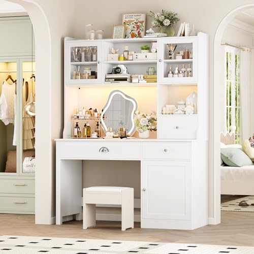 FACBOTALL Computer Desk with Hutch and RGB Lights, 65" Office Desk with Power Outlet, Makeup Vanity with 3 Doors & 3 Drawers, White Executive Desks for Home, Work and Study FACBOTALL