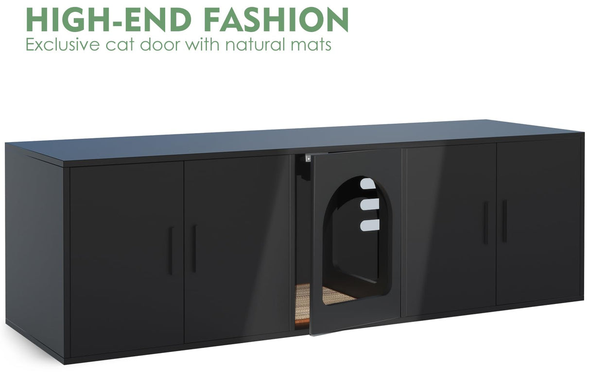 Amunrbrek Litter Box Enclosure for 2 Cats, Cat Litter Box Enclosure Furniture with Double Room, Wooden Litter Box Furniture with Cat Door, Black amunrbrek