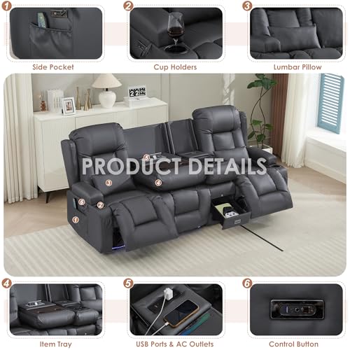 TUNYI Wall Hugger Loveseat Recliner Sofa with Console, Power Reclining Loveseat RV Couch with Massage & Heat/USB/Outlet/Storage/LED Light/Speaker (Light Grey, 3 Seat with Console)