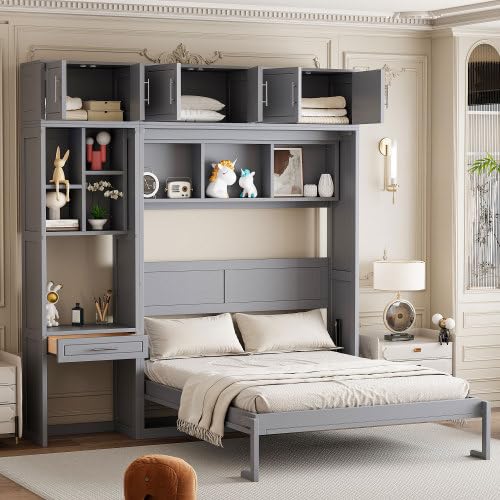Harper & Bright Designs Queen Size Murphy Bed with Desk, Storage Cabinet & Shelves, Foldable Wooden Wall Bed, Space-Saving, Grey Harper & Bright Designs