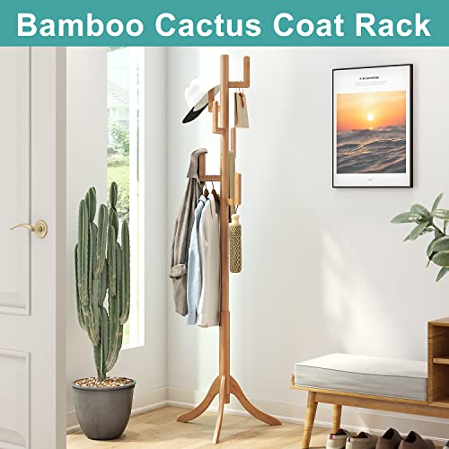 Vriccc Coat Rack Freestanding, Bamboo Cactus Coat Tree, Adjustable Height Wooden Coat Stand with 6 Hooks, kids coat rack, Used In The Bedroom Living Room, Office To Hang Clothes, Hats, Bags Vriccc