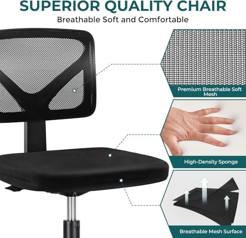 DUMOS Armless Office Chairs with Wheels, Ergonomic Adjustable Home Desk Swivel Rolling Task Chair No Arms, Comfy Mesh Mid Back Computer Work Vanity Desk Chairs for Small Spaces, Dark Black DUMOS