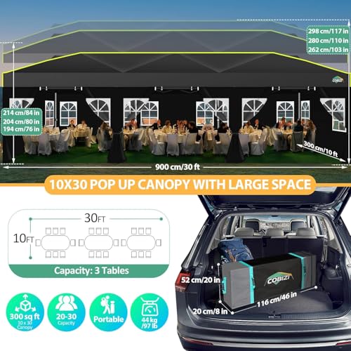 COBIZI 10x30 Pop Up Canopy Tent with Sidewalls - Party Outdoor Wedding Event for Parties - UPF 50+ Windproof Waterproof Gazebo with Air Vent, Wheeled Bag, Sandbag, Stake, Rope (Black) COBIZI