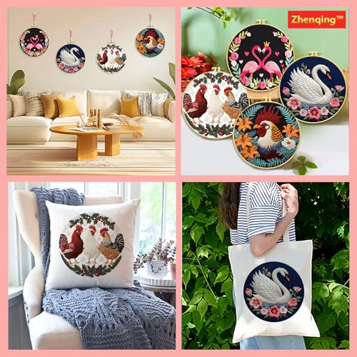 Zhenqing Birds Embroidery Kit for Beginners, 4 Circular Designs with 20cm Hoop, Pre-Printed 29x29cm Fabric & Threads - Flamingo, Swan, Chicken, Rooster Patterns for Home Decor(C0180)
