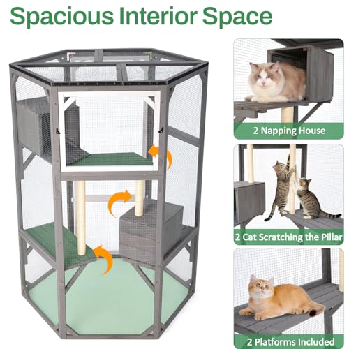 Catio Outdoor Cat Enclosures, Large Wood Cat House, Cat Enclosure Connect to Window with 2 Resting Box, 2 Platforms, 2 Scratching Pole FurrParner