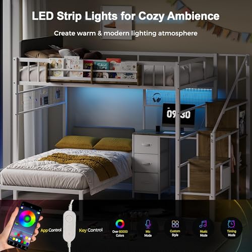 Kikihouse Full Over Twin Loft Bunk Bed with Desk, Stairs, Drawers & Storage Shelves, L-Shaped Metal Bunk Bed with Charging Station & LED Light for Kids, Teens, Adults (Full Over Twin) Kikihouse