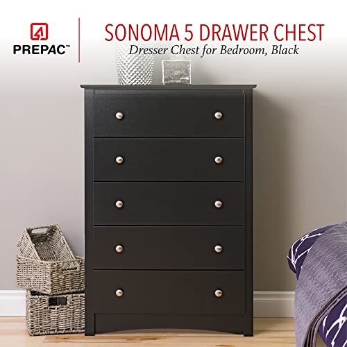 Prepac Sonoma Superior 5-Drawer Chest for Bedroom - Spacious and Stylish Chest of Drawers, Measuring 17.75"D x 31.5"W x 44.75"H, In Black Finish Prepac