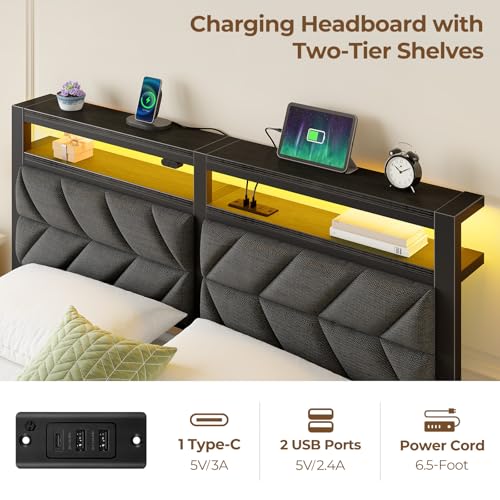 Seventable Full Size Bed Frame with Charging Station & LED Lights, Upholstered Headboard with Storage Shelves, Metal Platform with Under Bed Storage, No Box Spring Needed, Easy Assembly, Dark Grey Seventable