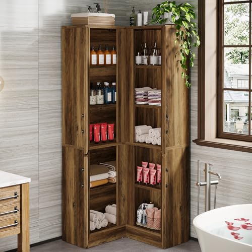 Tribesigns Corner Pantry Cabinet, 67" Tall Kitchen Pantry with Doors and 5-Tier Storage Shelves, Farmhouse Wooden Corner Bar Cabinet for Home, Living Room, Bar, Kitchen, Rustic Brown Tribesigns