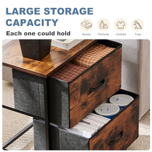 DUMOS Nightstand Small Dresser with 2 Fabric Drawers Side Bedroom End Table Kids Bedside Storage Furniture for 20 inch Tall Night Stand for Closet, Entryway, College Dorm, Rustic Brown DUMOS
