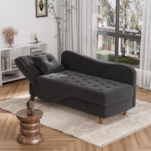 DAMAIFROM Chaise Lounge Chair Indoor with Storage, Adjustable Armrest Recling Reading Chair Sleeper Sofa Bed with Pillow, 3 in 1 Velvet Futon Lounge Chair for Living Room Playroom, Black DAMAIFROM