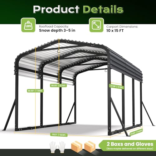 Jocoevol 10x15FT Metal Carport, Heavy Duty Car Garage w/Reinforced Support Rods and Windproof Ground Anchors, All-Weather Multi-Use Outdoor Shelter for Car, Boats and Truck Jocoevol