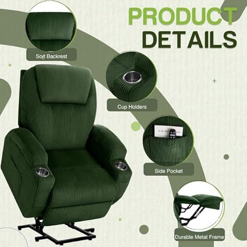 Furmax Electric Power Lift Recliner Chair with Massage for Elderly Corduroy Fabric Recliner Single Sofa with Cup Holders, Side Pockets and Remote Control for Living Room Bedroom (Green)