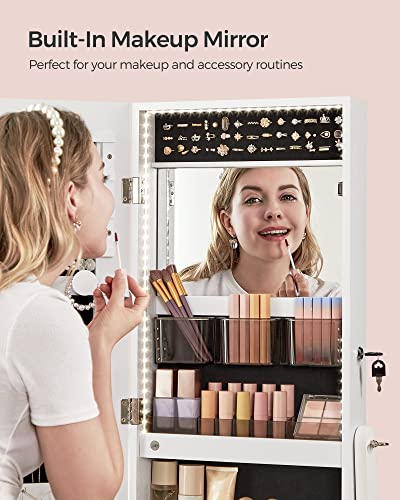 SONGMICS Mirror Jewelry Cabinet Standing Armoire Organizer, Jewelry Storage with Full-Length Frameless LED Lights, Built-in Makeup Mirror, 2 Drawers, Lockable, White UJJC023W01 SONGMICS