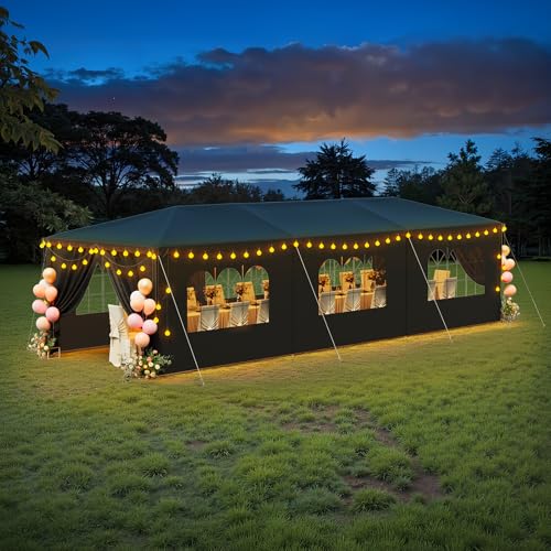 CFATLFRM 10x30 Black Party Tent Outdoor Canopy Waterproof Heavy Duty Wedding Event Tents for Parties with 8 Removable Sidewalls Perfect for Holiday Birthday Gatherings BBQ Backyard Patio CFATLFRM