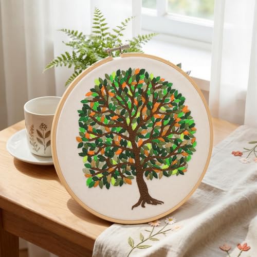 Norme Leaves Embroidery Kit for Beginners Adults 365 Days a Year Embroidering One Leave a Day Cross Stitch Kits with 365 Leaves Tree Pattern Embroidery Hoop Threads for DIY Craft Gift