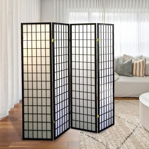 Artistic 70" Tall 4-Panel Screen - Japanese Room Divider in Black Finish with Premium Natural Wood | Transform Your Space! Zjjseloru