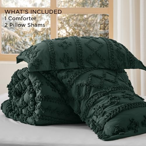 Bedsure Tufted Boho Comforter Set Queen Size - Dark Green Boho Bed Set, GentleSoft™ 3 Pieces Farmhouse Shabby Chic Embroidery Bedding, Gifts for Woman, Soft Jacquard Queen Comforter for All Seasons Bedsure