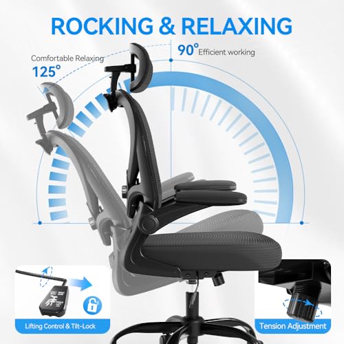 Freepub Ergonomic Office Chair with Headrest 3D, Mesh Office Desk Chair with Adjustable Lumbar Support, Computer Chair with Flip up Armrests, 350LBS Capacity - Design for Home/Offices - Black Freepub