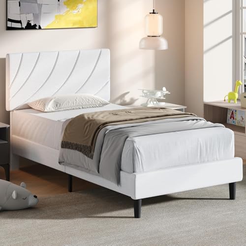 HOMBCK Twin Bed Frames,Twin Size Bed Frame with Linen Fabric Upholstered Headboard and Wooden Slats Support,Adjustable Headboard, No Box Spring Needed, Noise-Free, Easy Assembly, White HOMBCK
