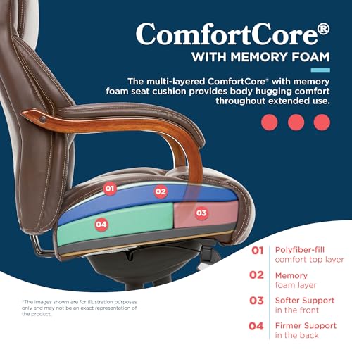 La-Z-Boy Delano Big & Tall Executive Office Chair, Ergonomic Mid-Back Body Pillow Lumbar Support, ComfortCore Memory Foam Cushion, Mahogany Wood Arms & Swivel Base, Bonded Leather, Chestnut Brown La-Z-Boy