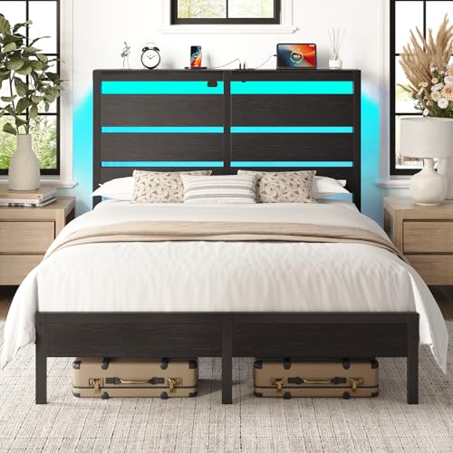 Rolanstar Queen Bed Frame with LED Lights and Charging Station, Wood Storage Headboard and Under Bed Storage, Metal Platform, Noise Free, No Box Spring Needed, Balck Oak Rolanstar