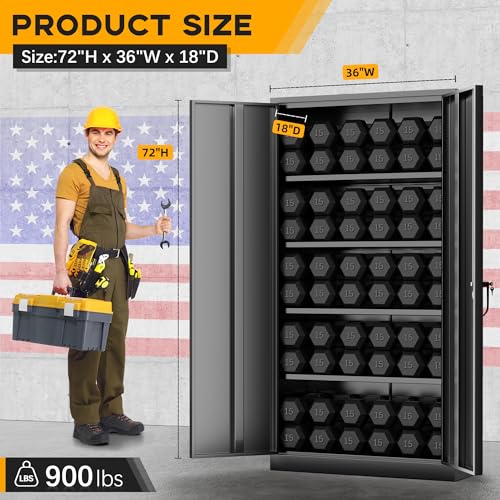 Greenvelly Metal Garage Storage Cabinet with 2 Doors and 4 Adjustable Shelves, 72" H Black Steel Lockable Storage Cabinet,Tall Metal Cabinet Locking File Cabinet for Office,Home, Garage, Gym, School Greenvelly