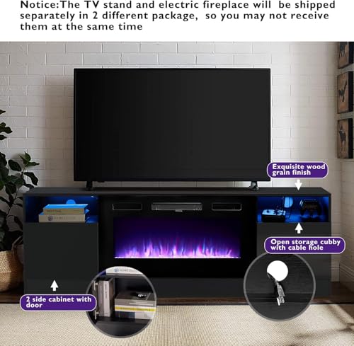 Breezestival Fireplace TV Stand with Two Hinged Doors for TVs UP to 80", Modern Electric Fireplace Entertainment Center with LED Lights & Storage Cabinets, TV Stand for Living Room 70" Black 21007BK Breezestival