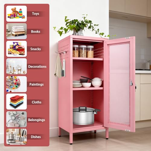 Metal Storage Cabinet, 39.37" H Small Pink Metal Locker Cabinets with Lockable Mesh Door and Handle, 2 Adjustable Shelves, 2 Pegboards & 6 Hooks for Home, Office, Bedroom, Kitchen, Assembly Required ANGELBECKE