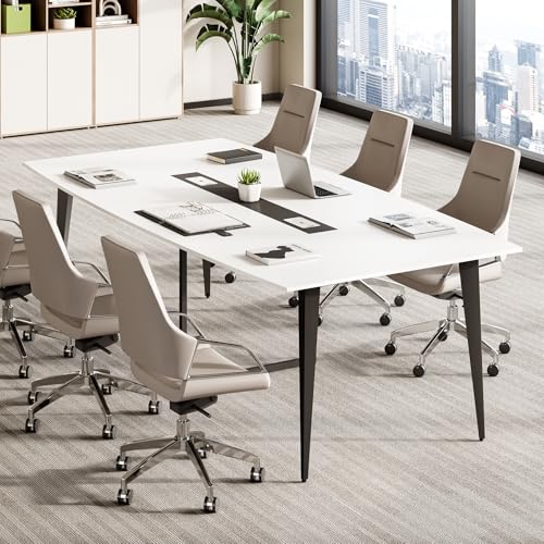 LITTLE TREE 8FT Conference Room Table, 94.48L x 47.21W x 29.52H Boat Shaped Meeting Table, White&Black LITTLE TREE