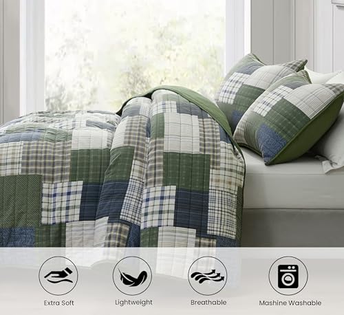Chezmoi Collection Cedar 2-Piece Printed Patchwork Quilt Set, Green Navy Plaid Coverlet - Pre-Washed Microfiber Lightweight Bedspread for All Seasons, Twin Size Chezmoi Collection
