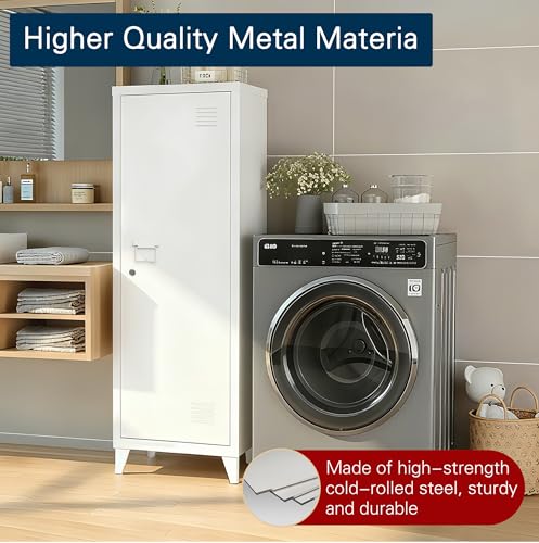 Epochsteele Metal Locker Storage Cabinet Locking Storage Cabinet with Door and Removable Shelves Narrow Storage Cabinet for Kitchen Pantry Bathroom (White) Epochsteele
