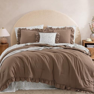 BLOOMHAVEN Full Comforter Set - 7 Pieces Ruffle Amber Brown Bedding Sets, Shabby Chic Farmhouse Bed in a Bag with Ruffle Comforter, Floral Sheets, Pillowcases & Shams