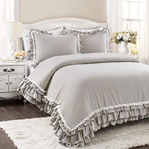 Lush Decor Ella Ruffle Lace Comforter, 3 Piece Set, King, Light Gray - Cute Comforter - King Bedding Set - Gray Bedding - Coquette Decor - Ruffle Trim - Lace Trim Lush Decor