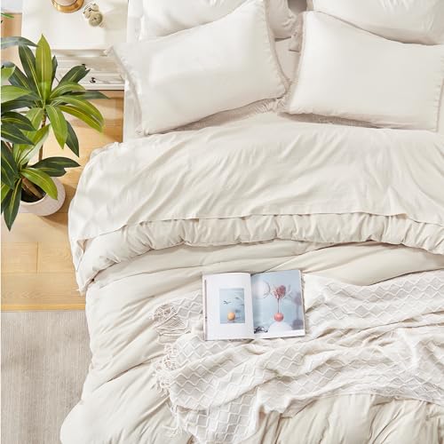 Andency Queen Comforter Set Beige -7 Pieces Bed in a Bag Queen Boho Soft Lightweight Bedding Sets, All Season Fluffy Fringe Bed Set with Comforter, Sheets, Pillowcases & Shams Andency