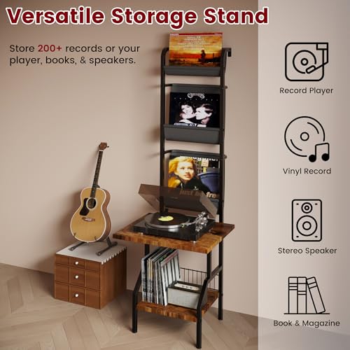 Lutown-Teen Record Player Stand with Vinyl Storage, Record Player Table Holds up to 200 Albums, 5-Tier Turntable Stand for Living Room, Rustic Brown Lutown-Teen