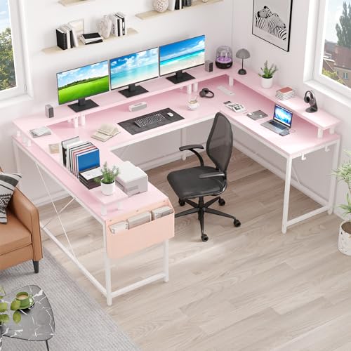 IDEALHOUSE U Shaped Home Office Desk, Reversible L Shaped Gaming Computer Desk with Power Outlets,126 Inch Computer Desk with Monitor Stand and LED Lights,Storage Shelves,Storage Bag and Hooks(Pink) IDEALHOUSE