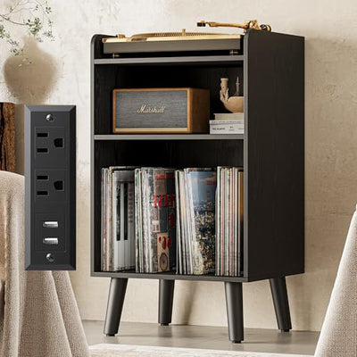 astimey Record Player Stand, Turntable Stand with Record Storage and Charging Station & USB Ports, Record Player Table with Metal Divider, Record Stand Up to 120 Albums for Living Room, Bedroom Black