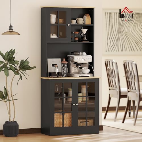HOMCOM Kitchen Pantry Storage Cabinet, 72" Freestanding Cabinet with Hutch, Large Countertop, Glass Doors and Adjustable Shelves for Dining Room, Black HOMCOM