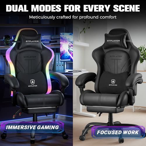 GTPLAYER Gaming Chair, Computer Chair with RGB LED Lights, High Back Ergonomic Chair for Adults with Footrest, Reclining Office Chairs, Linkage Armrest, Black GTPLAYER