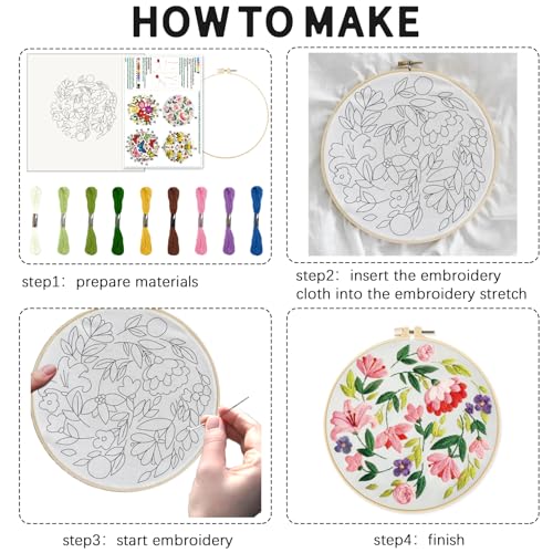 INFUNLY 4 Pack Pink Flowers Embroidery Starter Kit for Beginners Colorful Butterfly DIY Embroidery Kits for Adults Stamped Needlepoint Set with Step-by-Step Instructions Threads Craft Lover Gift