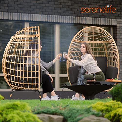 SereneLife Wicker Rattan Egg Chair with Cushions, Indoor Outdoor Egg Chair with Steel Frame and Washable Pillows, Woven Texture, Comfortable Design for Porch, Deck, Garden, or Room, Holds Up to 440lbs SereneLife