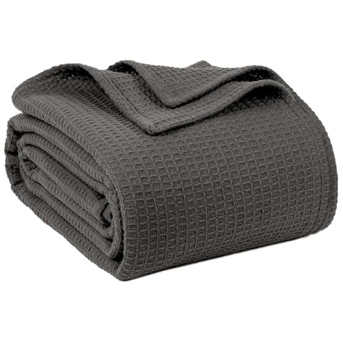 100% Cotton Blankets for Bed - Waffle Weave Blankets for Summer, Lightweight and Breathable Soft Woven Blanket for Spring (Dark Grey, Queen (90" x 90")) QUBA LINEN